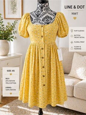 NWT Line & Dot Yellow Floral Puff-Sleeve Button-Front Mini Dress